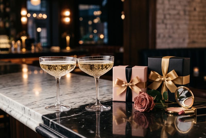 Marble bar counter with two champagne coupes, a rose and wrapped gift boxes