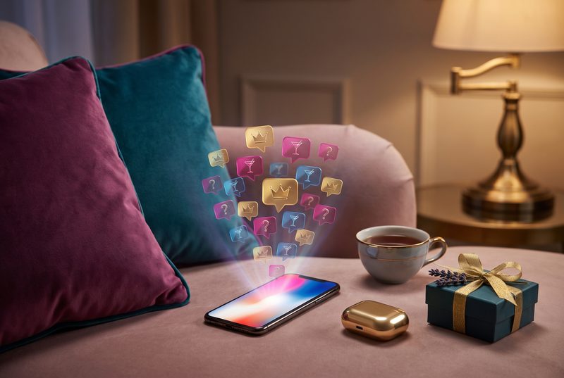 Sofa with a phone bursting with notification bubbles, a cup of tea and a wrapped gift