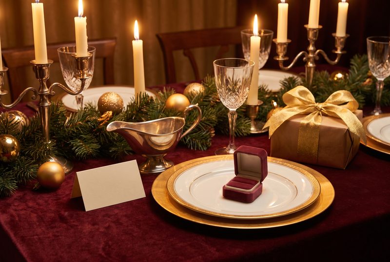 Candlelit holiday dinner table with a place card, a ring box on a plate and a wrapped gift