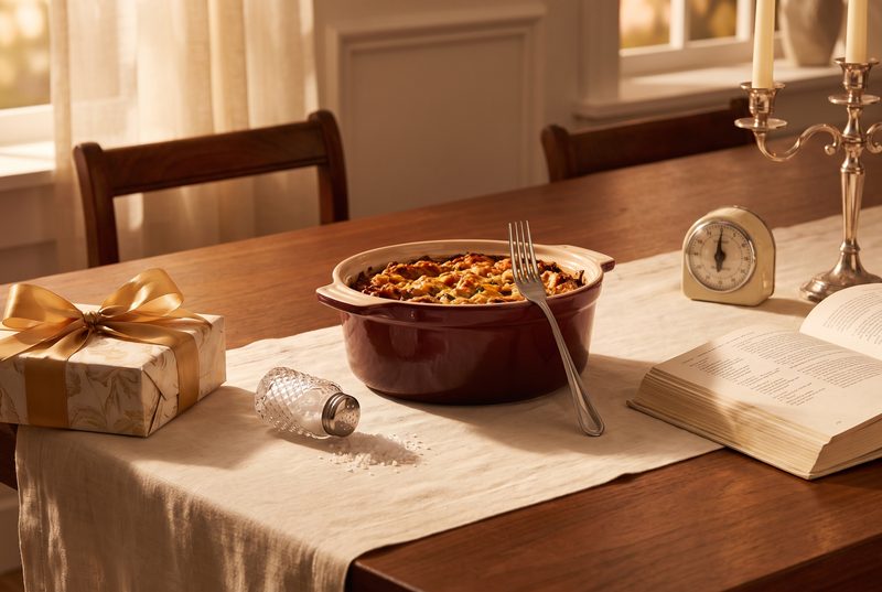 Holiday dinner table with a casserole, a knocked-over salt shaker, a cookbook, a kitchen timer and a wrapped gift