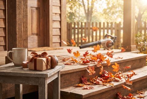 Autumn porch with scattered leaves, a coffee mug and a wrapped gift