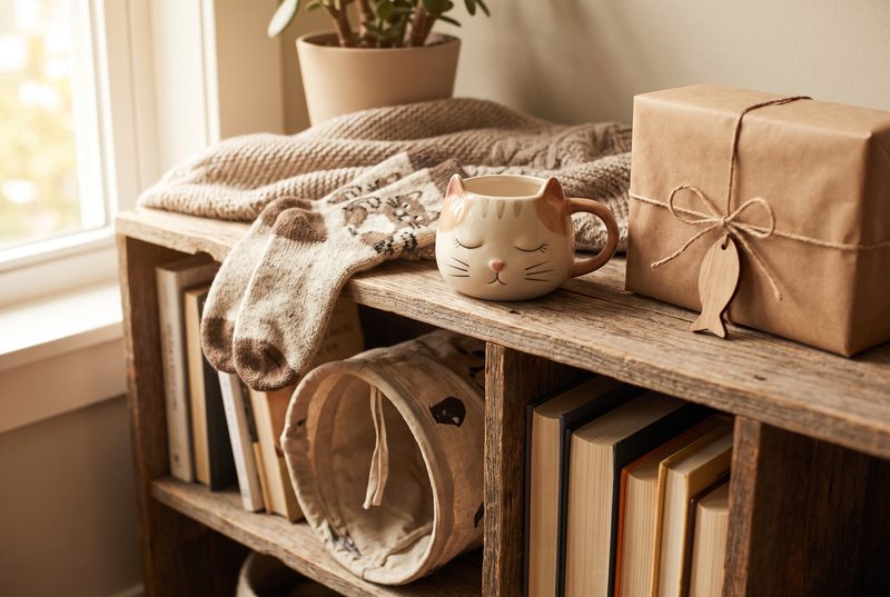 Wooden shelf with a cat-face mug, cat-patterned socks, a cat tunnel, books and a wrapped gift with a paw-shaped tag