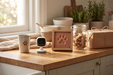 Kitchen counter with a tumbler with a paw print, a small pet camera, a paw-print frame, a jar of dog treats and a wrapped gift