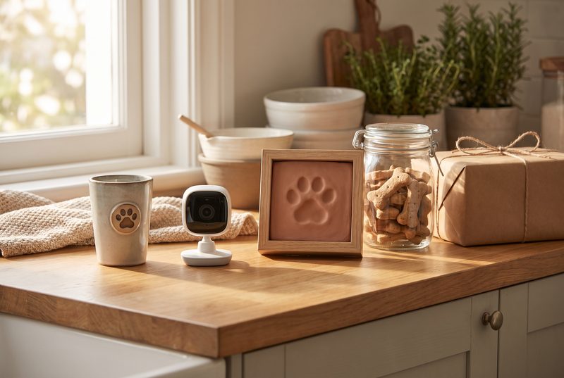 Kitchen counter with a paw-print tumbler, a pet camera, a paw-print frame, a jar of treats and a wrapped gift