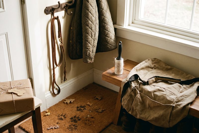 Entryway with leashes on hooks, a coat, muddy paw prints on a doormat, a lint roller, a canvas bag and a wrapped gift
