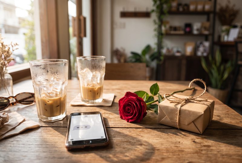 Cafe table with two iced coffees, a phone, a single red rose and a small wrapped gift