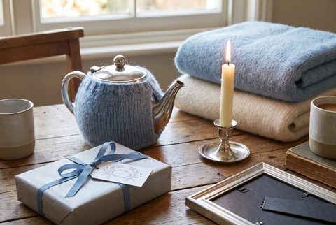 Wooden table with a teapot in a knitted cozy, folded blankets, a lit candle, a photo frame and a wrapped gift