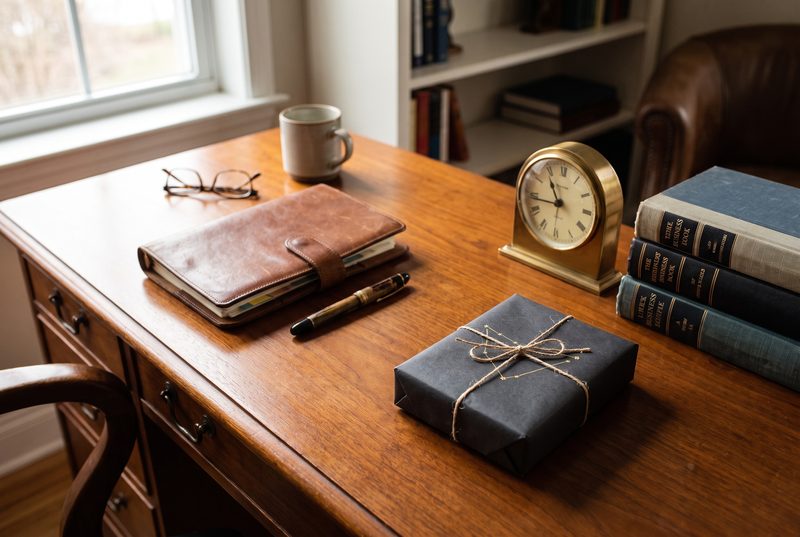 Wooden desk with a leather planner, a pen, a brass clock, stacked hardcover books, a mug and a navy wrapped gift