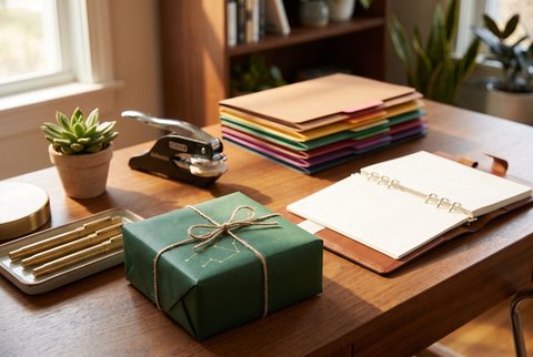 Tidy wooden desk with color-coded folders, a label maker, an open planner, a succulent and a green wrapped gift
